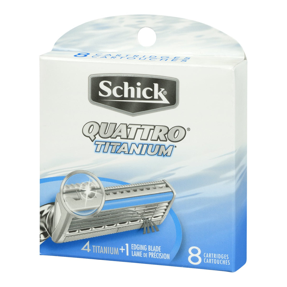 Schick Quattro cartridge in use on jawline showing pivoting head and edging blade for precise trimming
