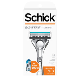 Schick Quattro front packaging showing product and benefits