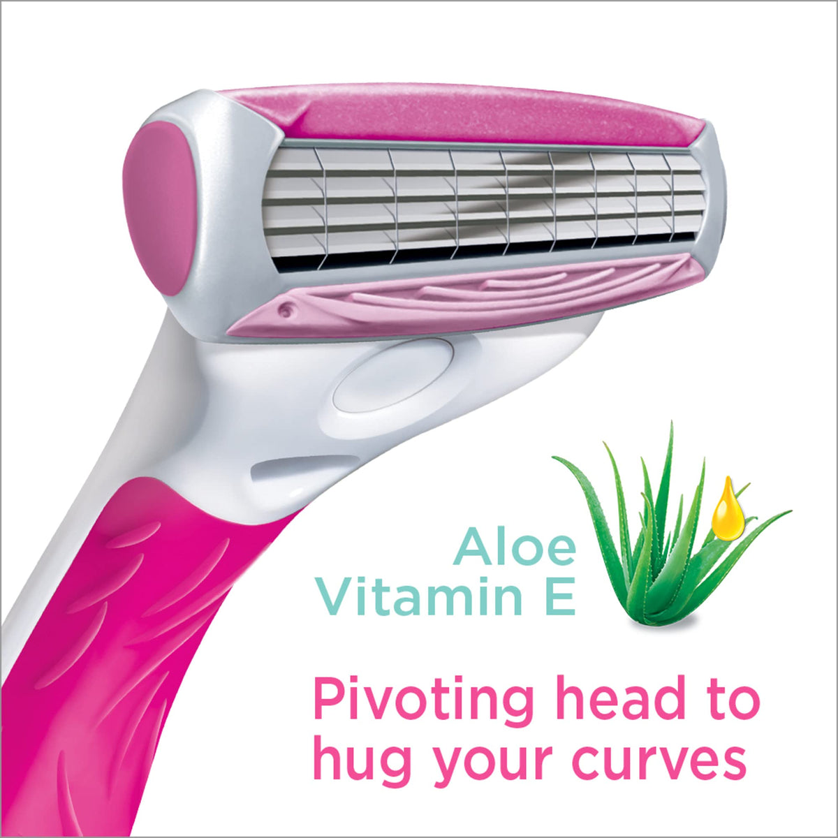 Schick Quattro blades and Aloe Vitamin E strip close-up illustrating smooth glide