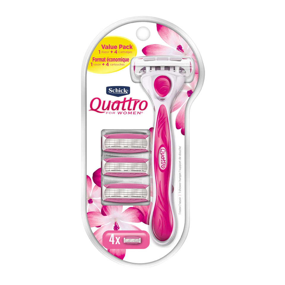 Schick Quattro front packaging showing razor and refills for value and convenience