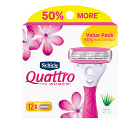 Schick Quattro Womens front packaging showing 12-count refill pack and convenience