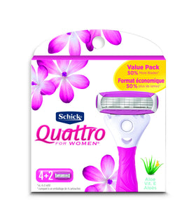 Schick Quattro Womens front packaging showing 6-count value pack and benefits