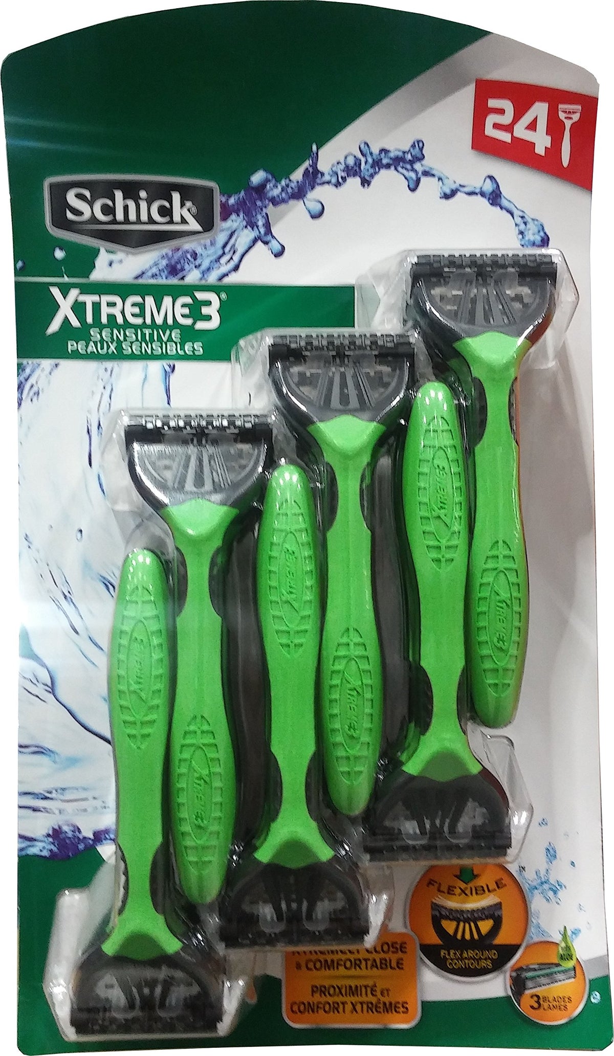 Schick Xtreme 3 front packaging showing 24-count and comfort-strip benefits