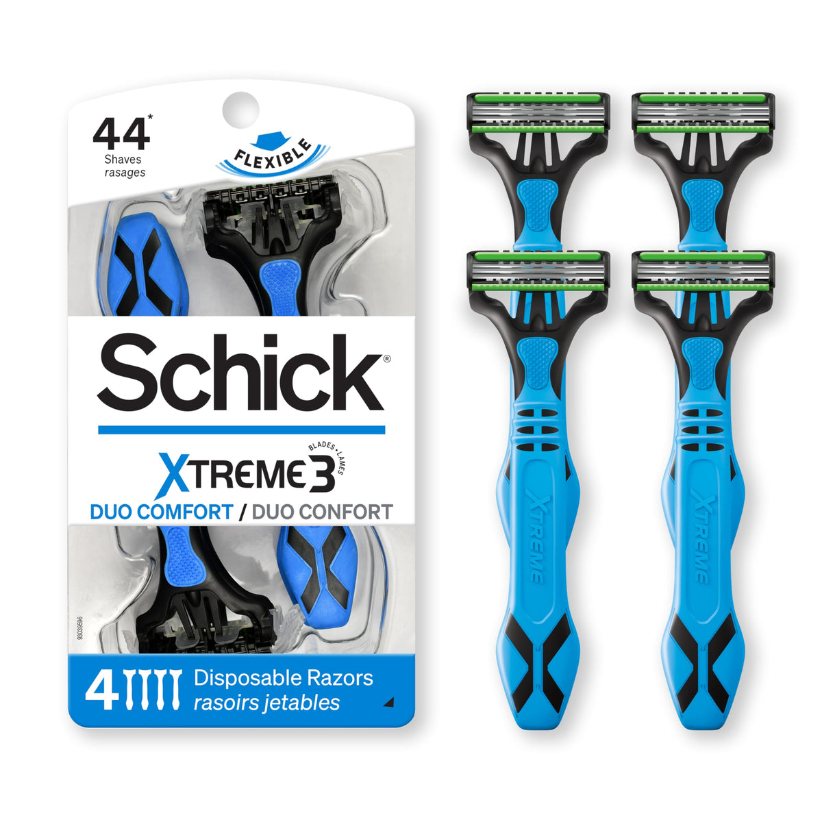 Schick Xtreme 3 front packaging showing four disposable razors and benefits