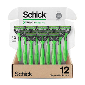 Schick Xtreme3 front packaging showing 12-count razors and benefits