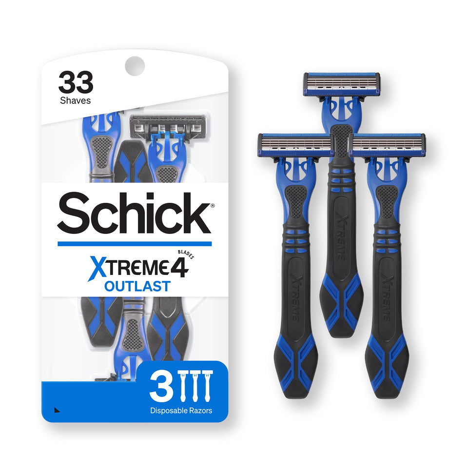 Schick four-blade pack front view showing product and benefits