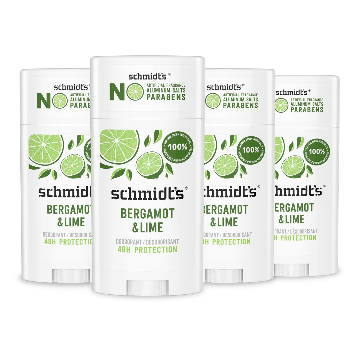 Schmidt's front packaging showing four sticks and bright citrus branding, promotes natural freshness