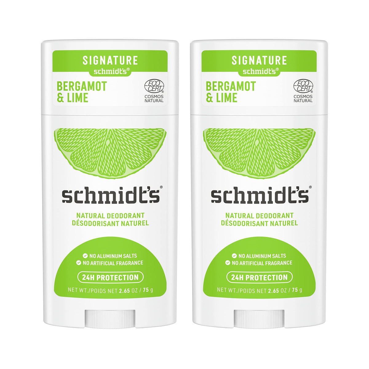 Schmidt's front packaging showing two bergamot and lime deodorant sticks and brand label benefit