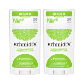 Schmidt's front packaging showing two bergamot and lime deodorant sticks and brand label benefit