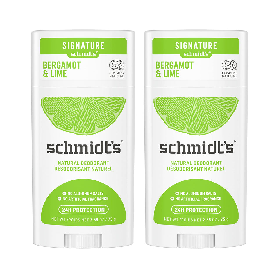 Schmidt's front packaging showing two bergamot and lime deodorant sticks and brand label benefit