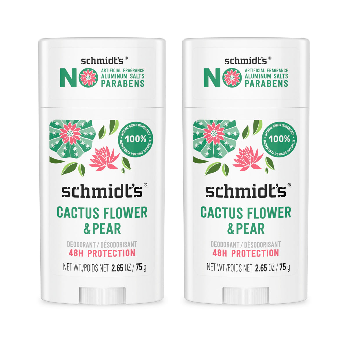 Schmidt's front packaging showing two sticks and natural benefits