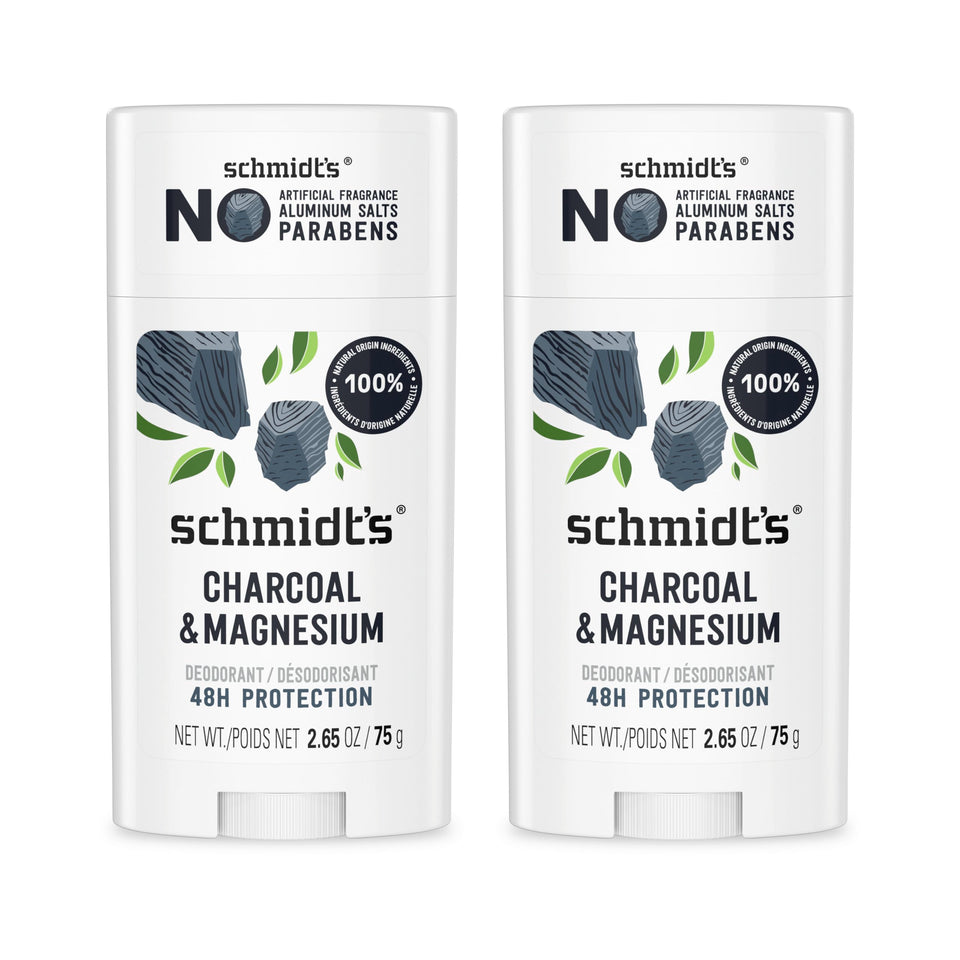 Schmidt's front packaging showing two deodorant sticks and product name for confidence