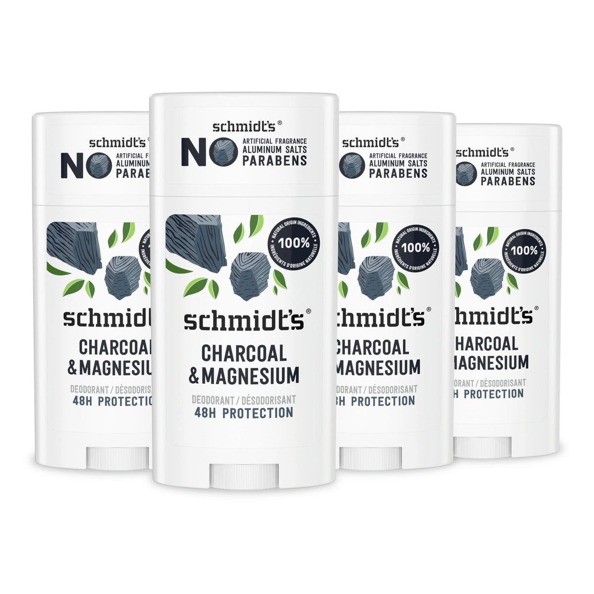 Schmidt's front packaging showing charcoal and magnesium scent and benefits