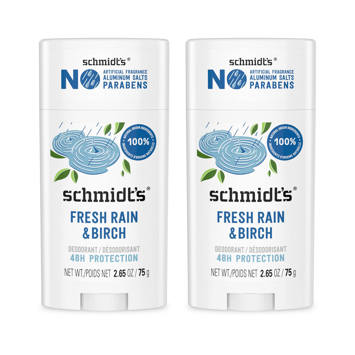 Schmidt's Fresh Rain & Birch front packaging showing two sticks and scent labeling for freshness