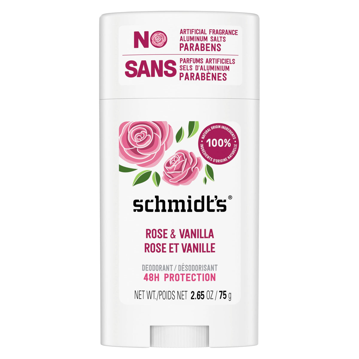 Schmidt's front packaging showing rose and vanilla scent and benefit