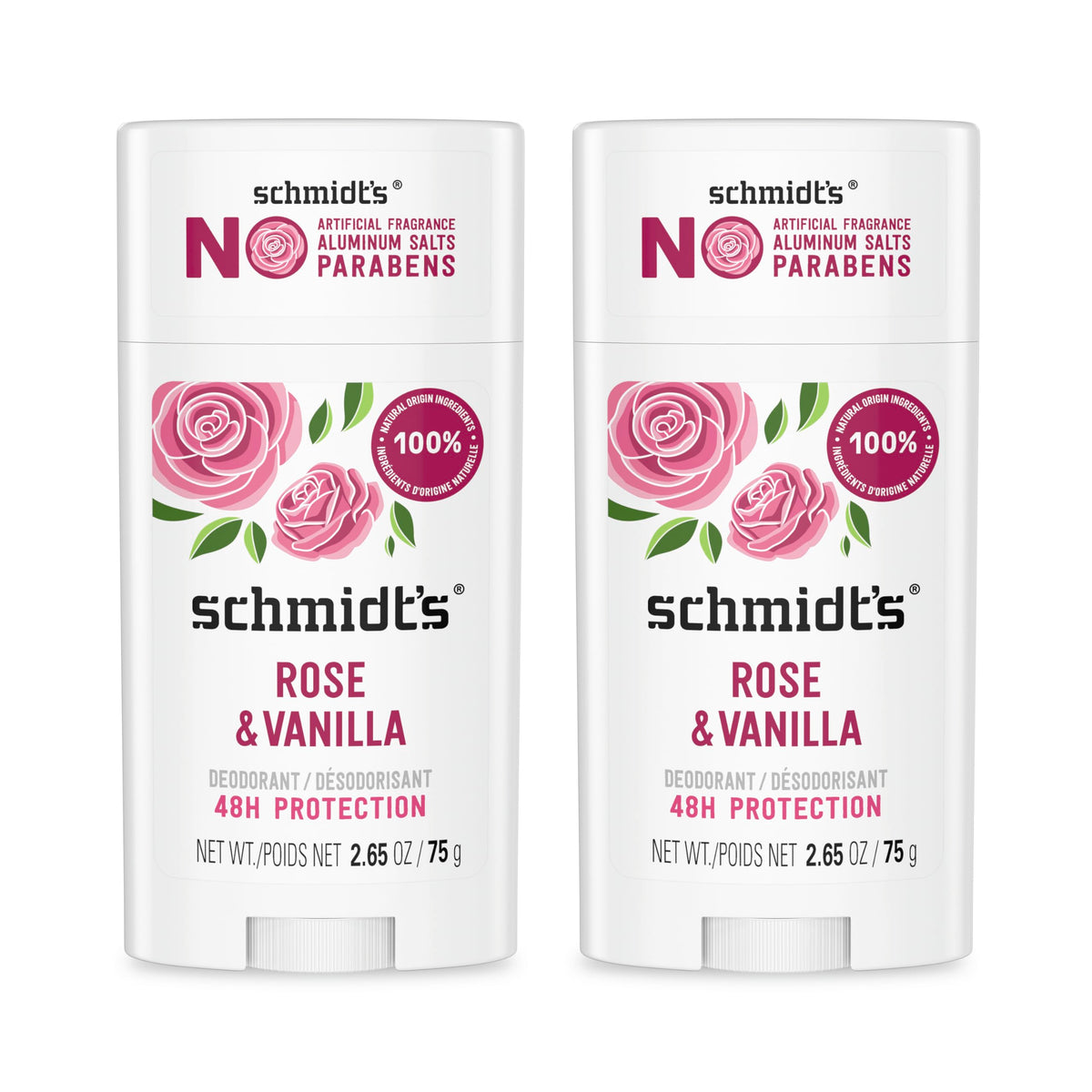 Schmidt's Rose & Vanilla front packaging showing two sticks and label benefit