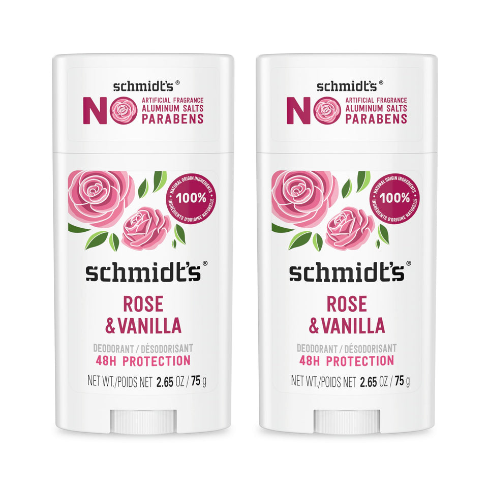 Schmidt's Rose & Vanilla front packaging showing two sticks and label benefit