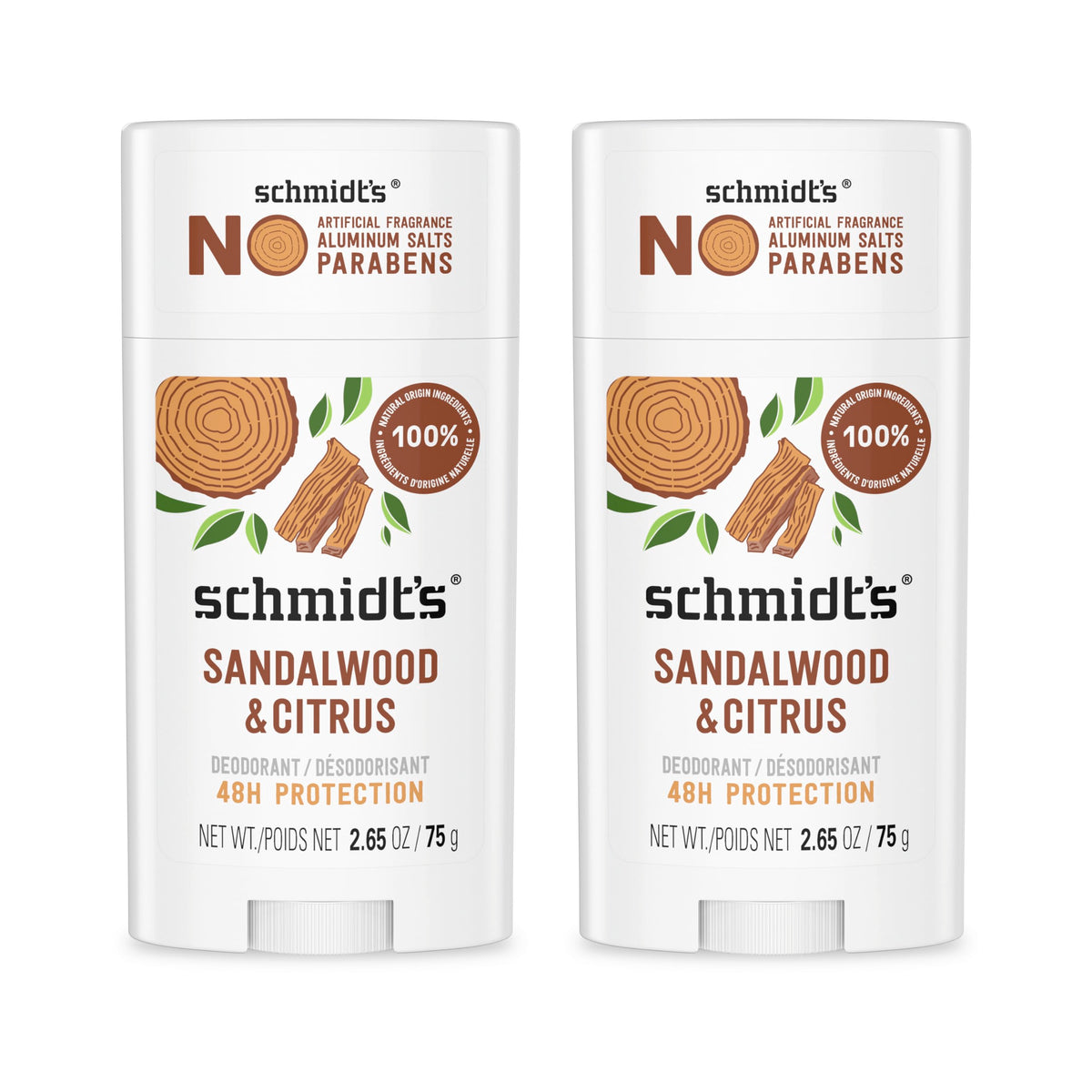 Schmidt's front packaging showing two sticks and clear product benefit