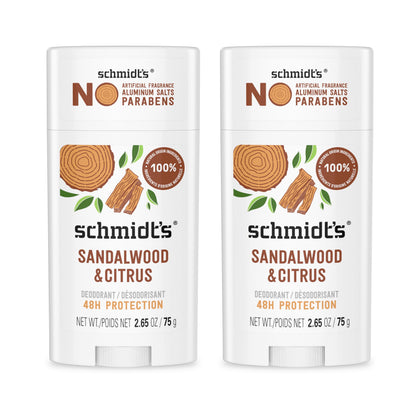 Schmidt's front packaging showing two sticks and clear product benefit