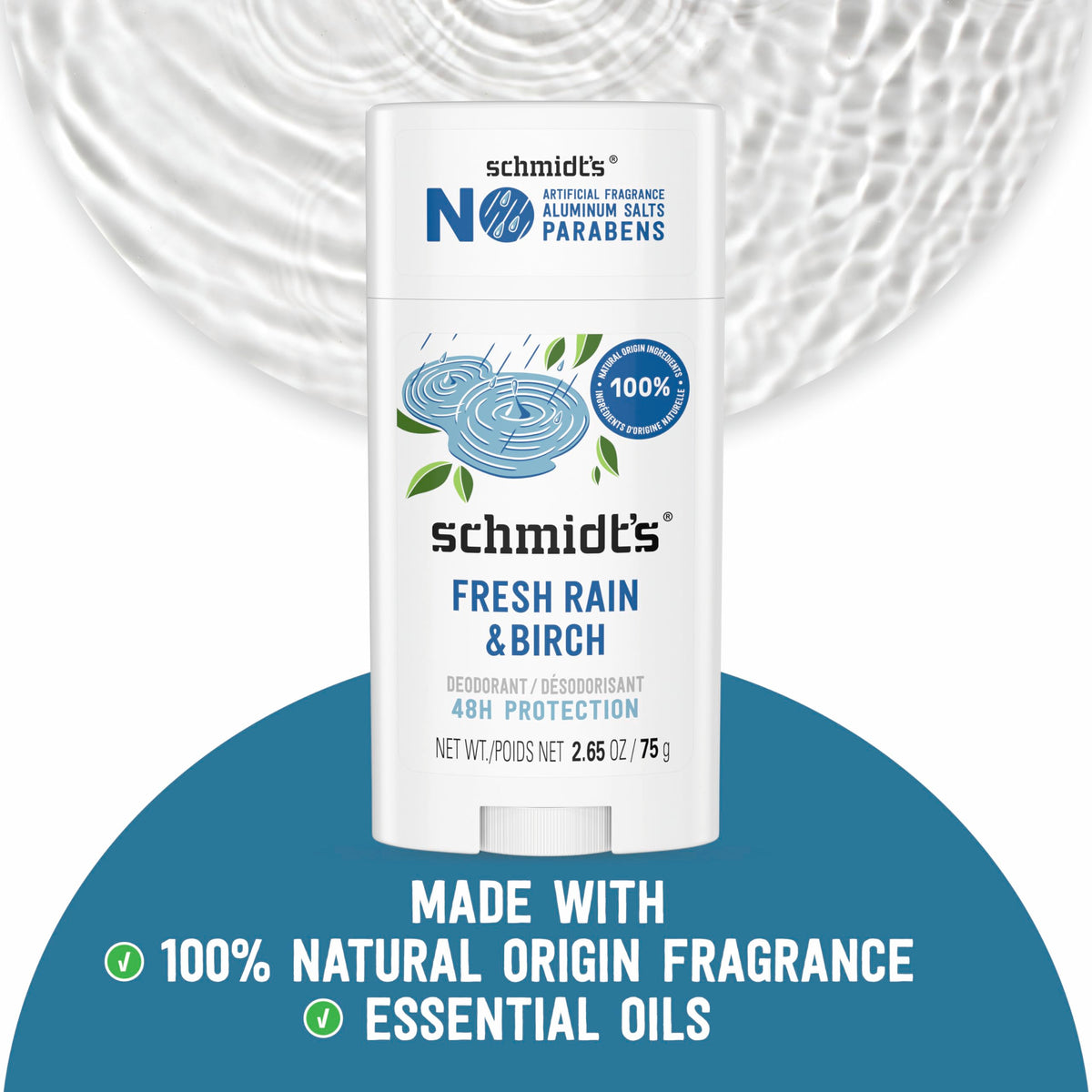 Close-up of Schmidt's deodorant stick texture highlighting smooth, non-greasy finish