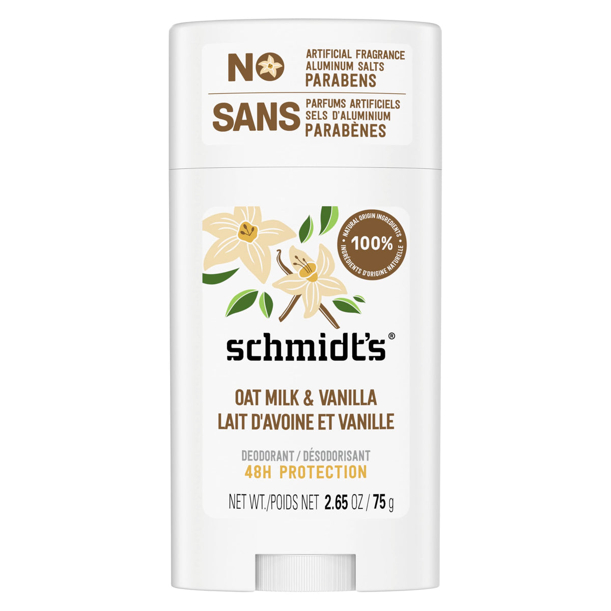 Schmidt's vanilla & oat milk front stick showing label and scent benefits