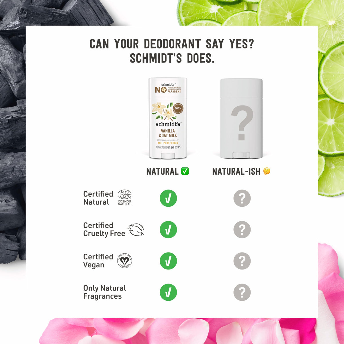 Schmidt's vanilla & oat milk ingredient label highlighting natural ingredients