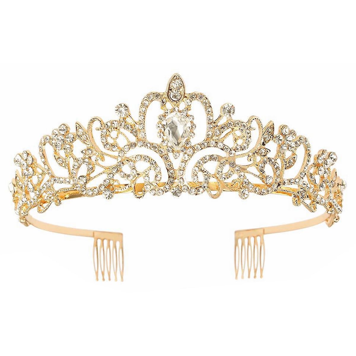 Schmoopy tiara front view showing regal sparkle and polished gold finish
