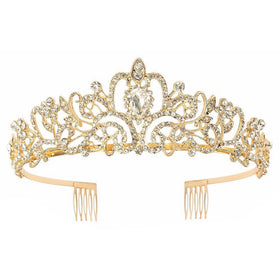Schmoopy tiara front view showing regal sparkle and polished gold finish