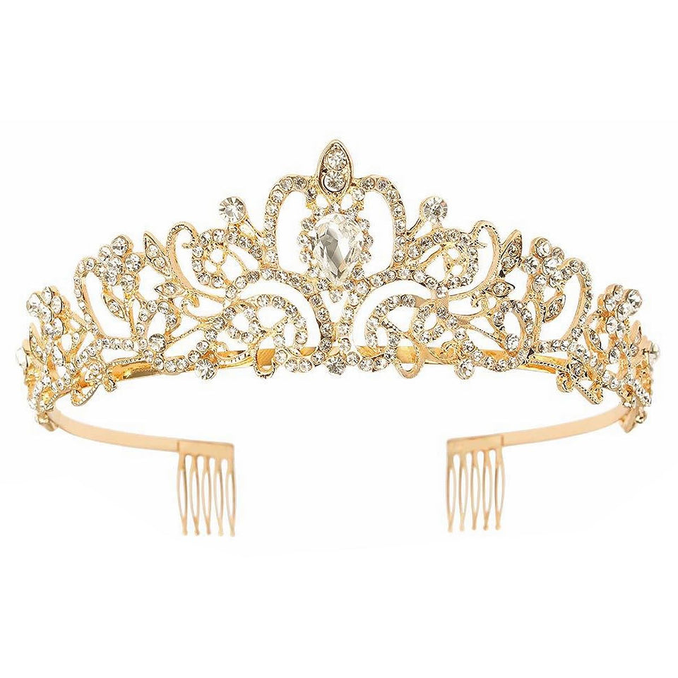 Schmoopy tiara front view showing regal sparkle and polished gold finish