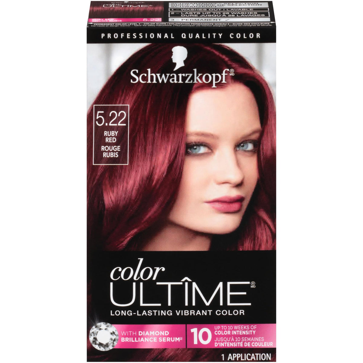 Schwarzkopf Color Ultime front packaging showing shade and benefits for vibrant color