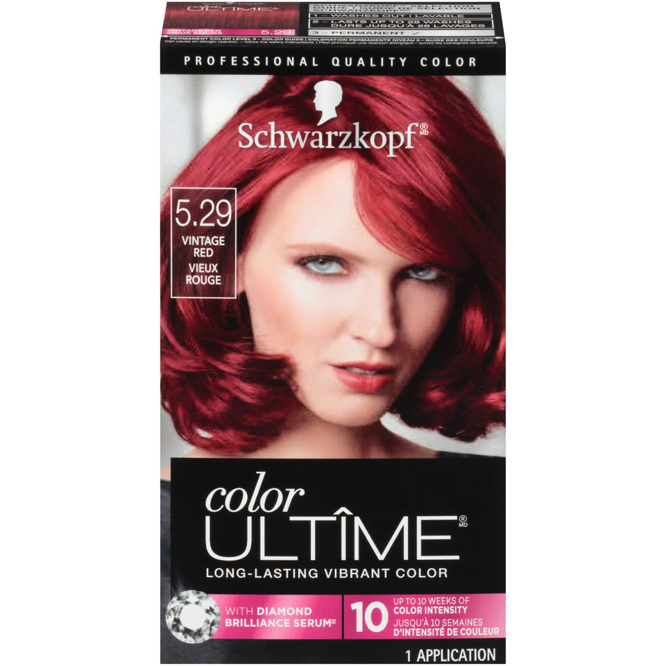 Schwarzkopf Color Ultime box front showing Vintage Red shade and glossy finish benefit