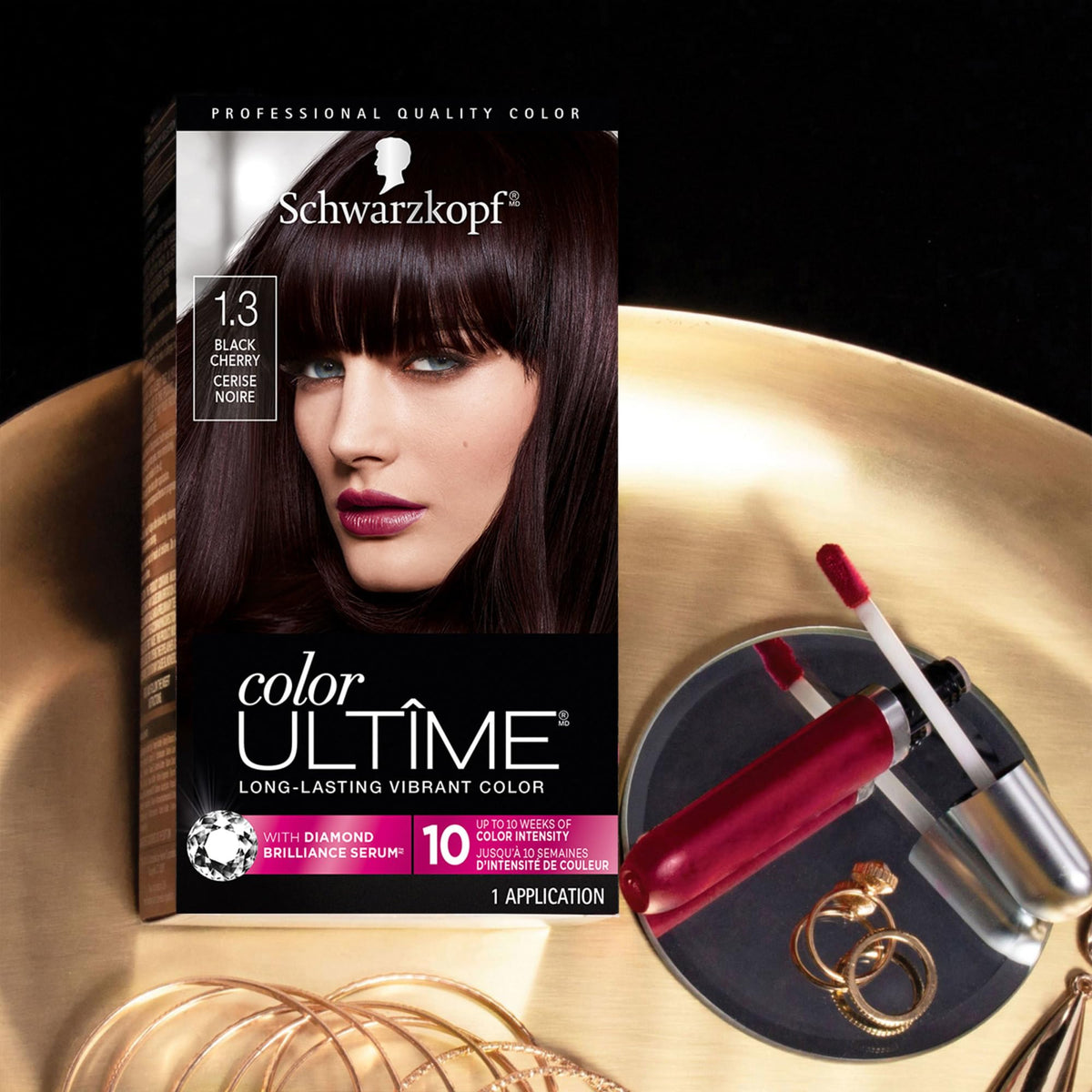 Schwarzkopf Color Ultime after-color closeup showing glossy black-cherry shine