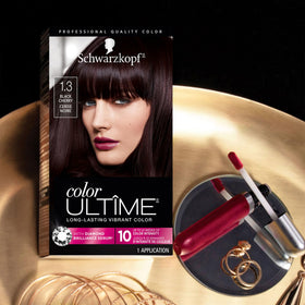 Schwarzkopf Color Ultime after-color closeup showing glossy black-cherry shine
