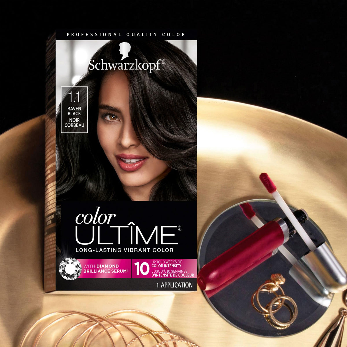 Schwarzkopf before and after comparison showing deep raven black transformation