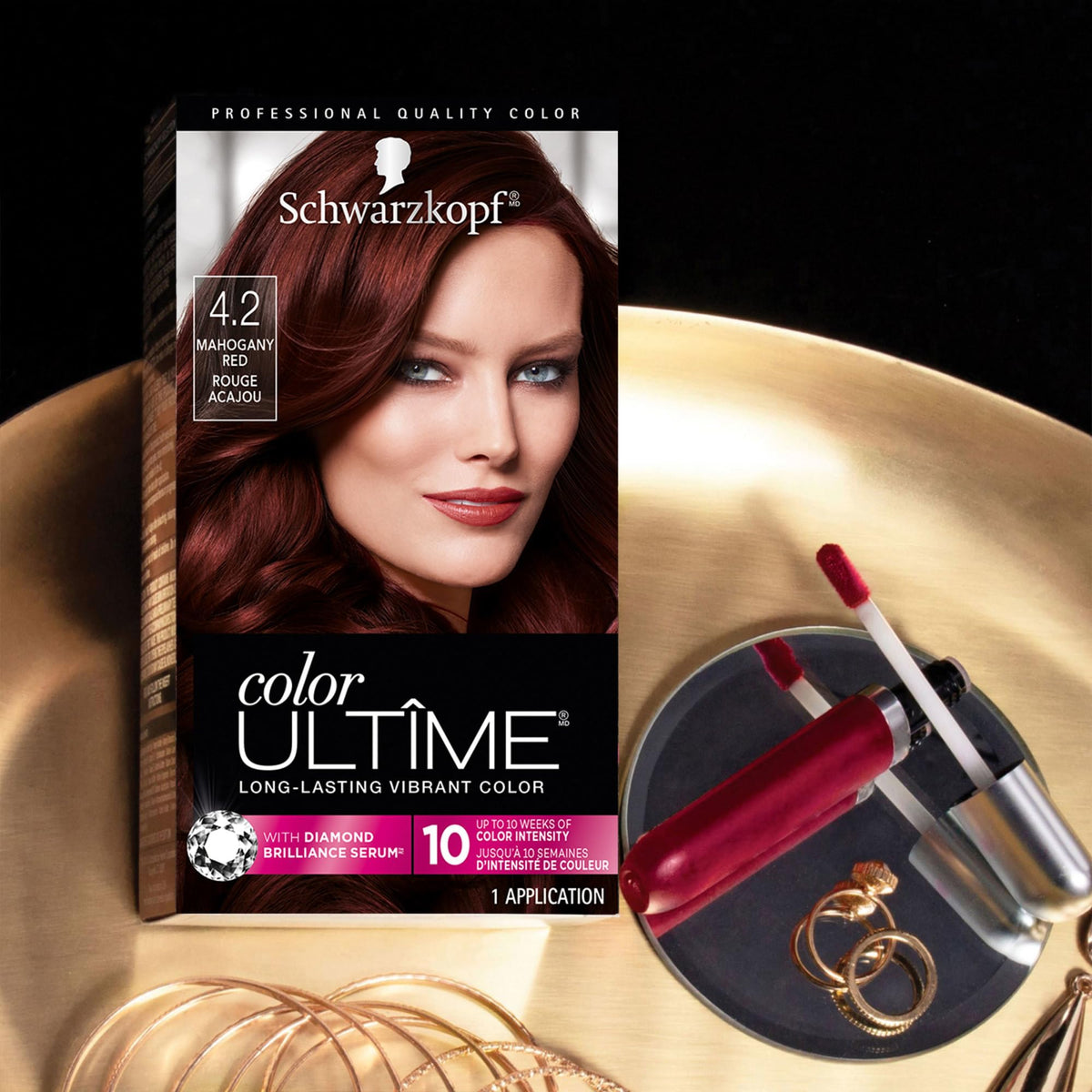 hair swatch dyed mahogany red by Schwarzkopf showing rich tone and multi-faceted shine