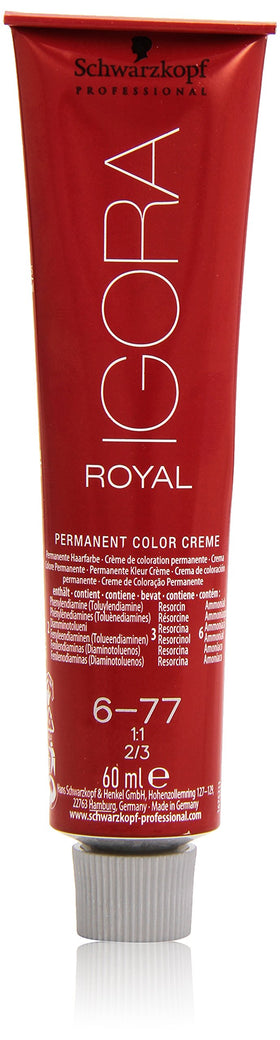 Schwarzkopf Professional Igora Royal 6-77 front packaging showing shade and volume for professional use