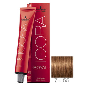 Schwarzkopf Igora Royal 7-55 front tube showing brand and shade for accurate selection