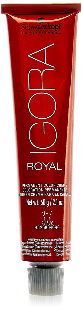 Schwarzkopf Professional Igora Royal tube front view showing shade 9-7 and clear labelling for accurate selection