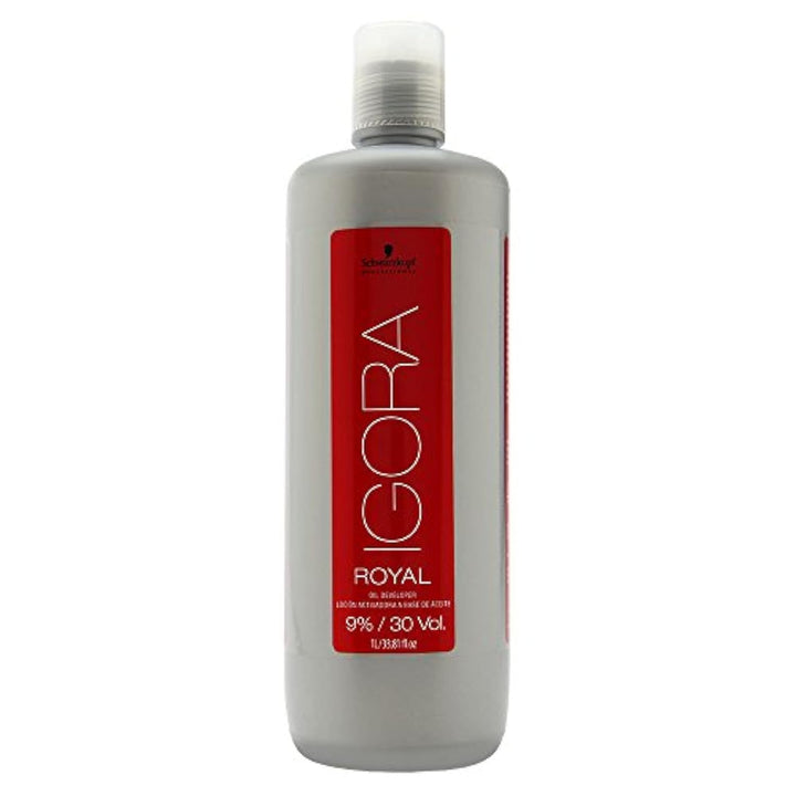 Schwarzkopf Igora Royal developer front packaging shows litre bottle for consistent salon lift