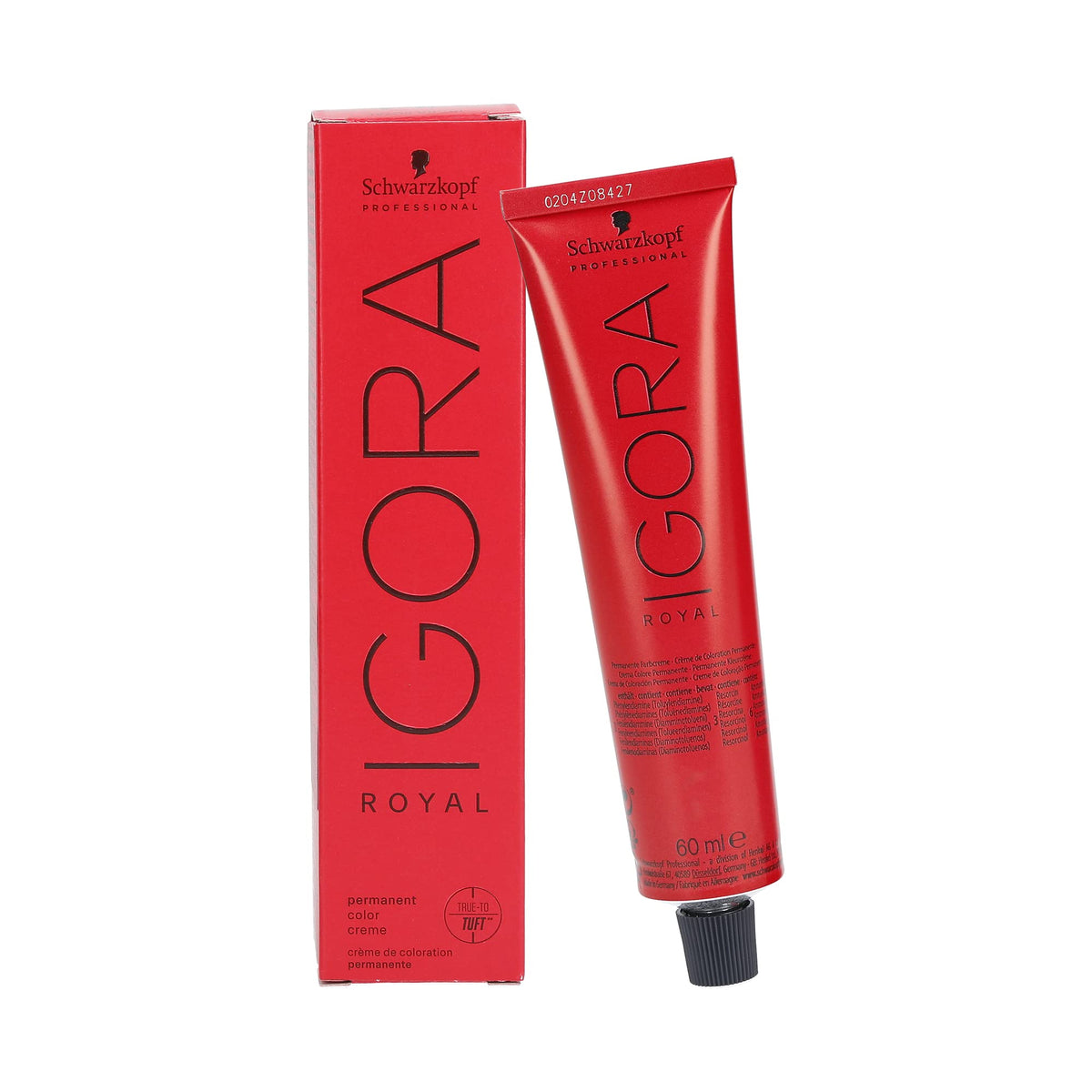Schwarzkopf Professional Igora Royal front tube showing shade label and clear benefit