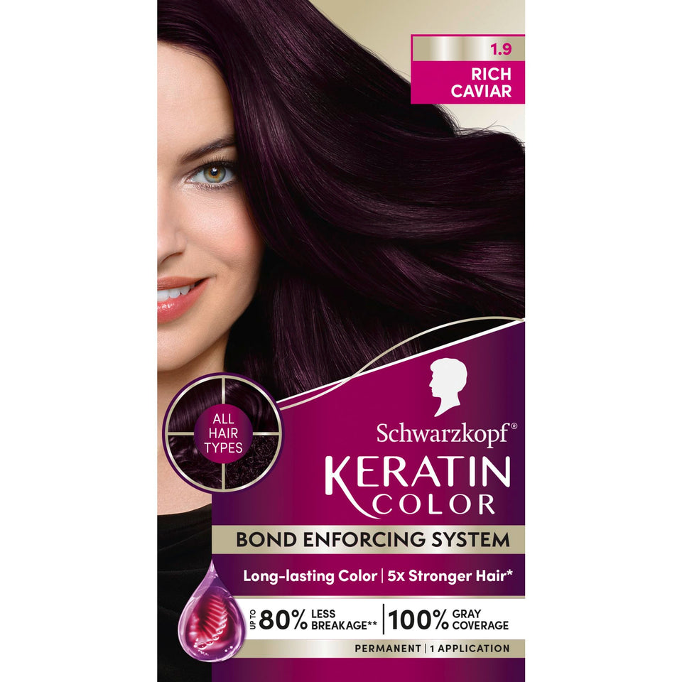 Schwarzkopf front packaging of Keratin Permanent Hair Dye Cream showing ready-to-use kit and professional finish