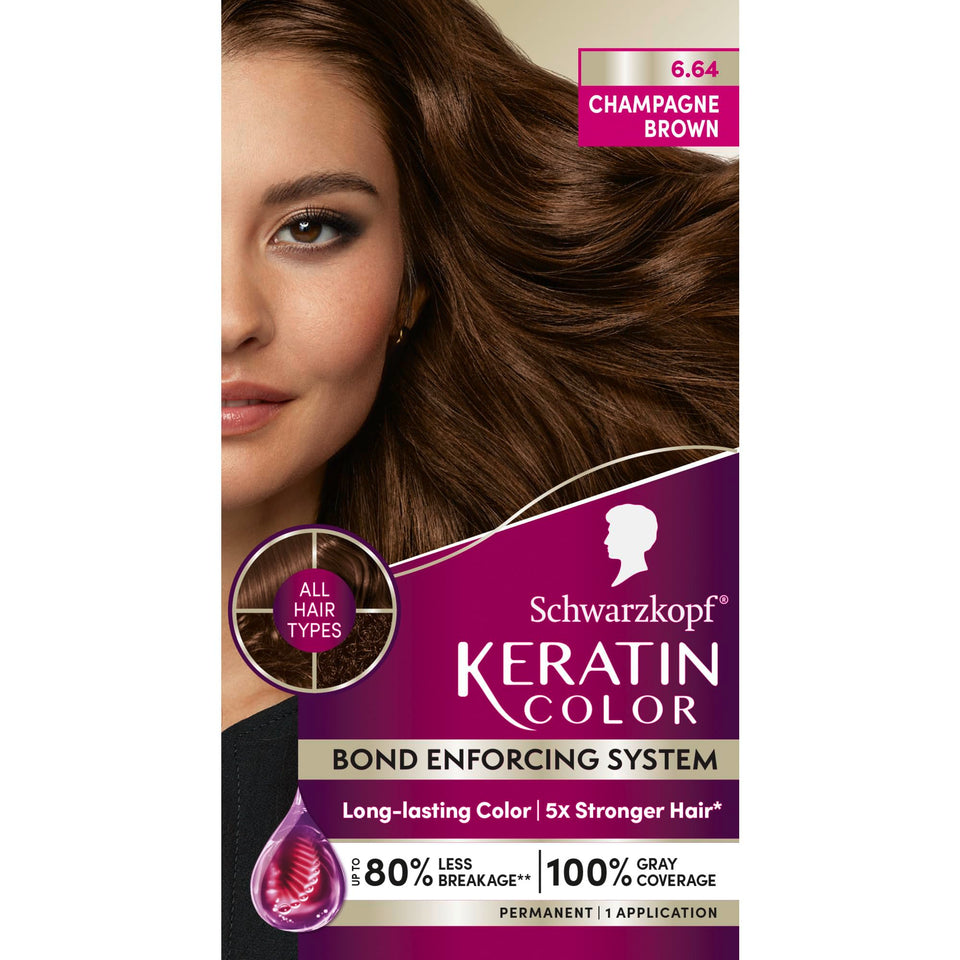 Schwarzkopf front packaging showing shade 6.64 champage brown and bond system benefits
