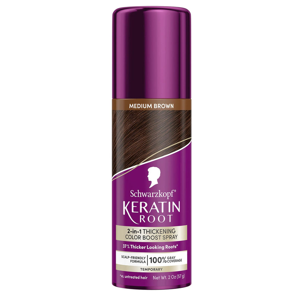 Schwarzkopf medium brown can front view showing product and benefit of quick root coverage