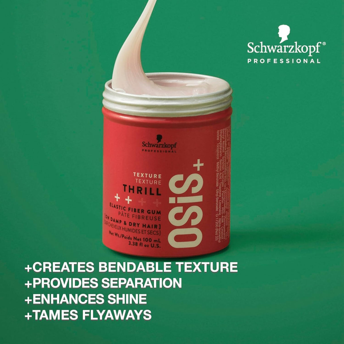 Schwarzkopf Professional OSiS+ open jar showing fibre gum texture and glossy finish for tactile styling benefit