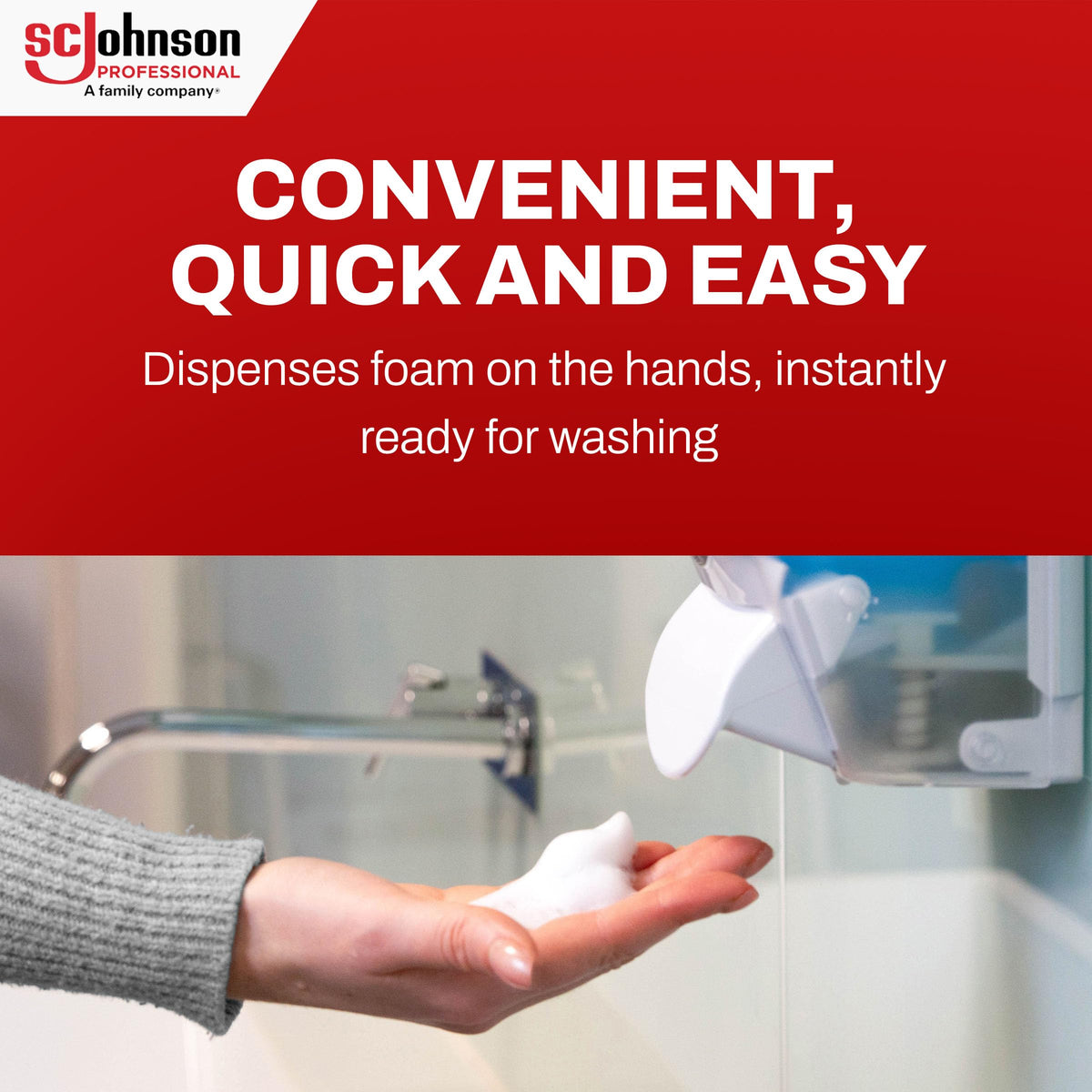 SC Johnson Professional foam being applied to hands demonstrating moisturizing, gentle cleanse