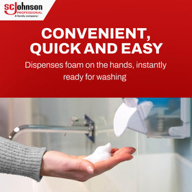 SC Johnson Professional foam being applied to hands demonstrating moisturizing, gentle cleanse