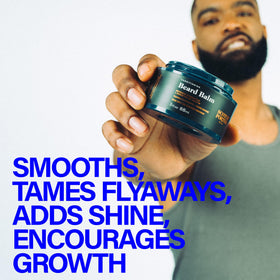 Scotch Porter balm being warmed on fingertips demonstrating simple use for softening beard