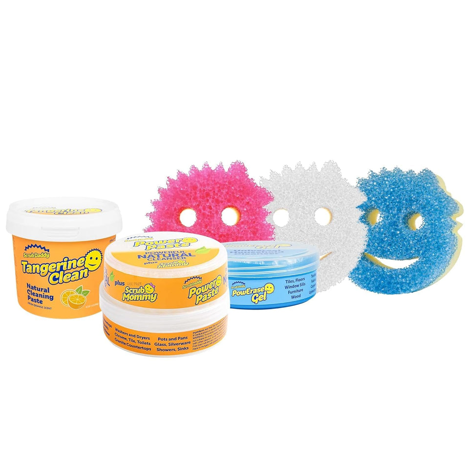 Scrub Daddy bundle front view showing pastes and three sponges for versatile cleaning