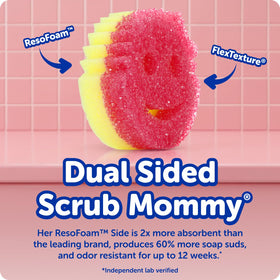 Detail of Scrub Mommy dual-texture foam showing gentle lathering and firm scrubbing benefit