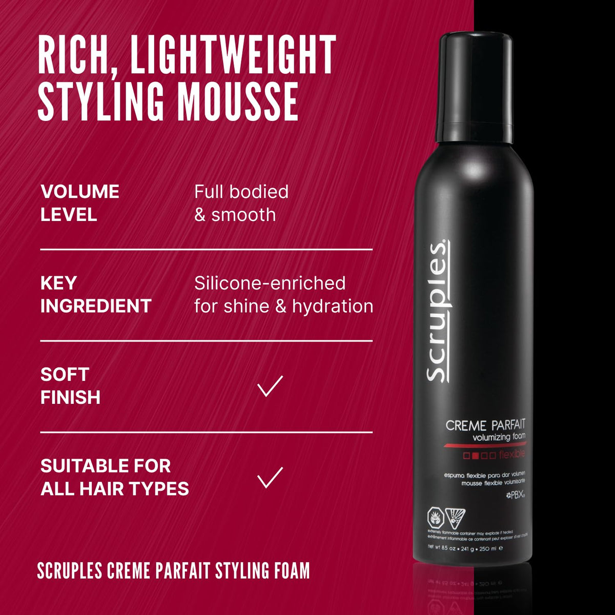 Close-up Scruples product label highlighting alcohol-free and smoothing benefits